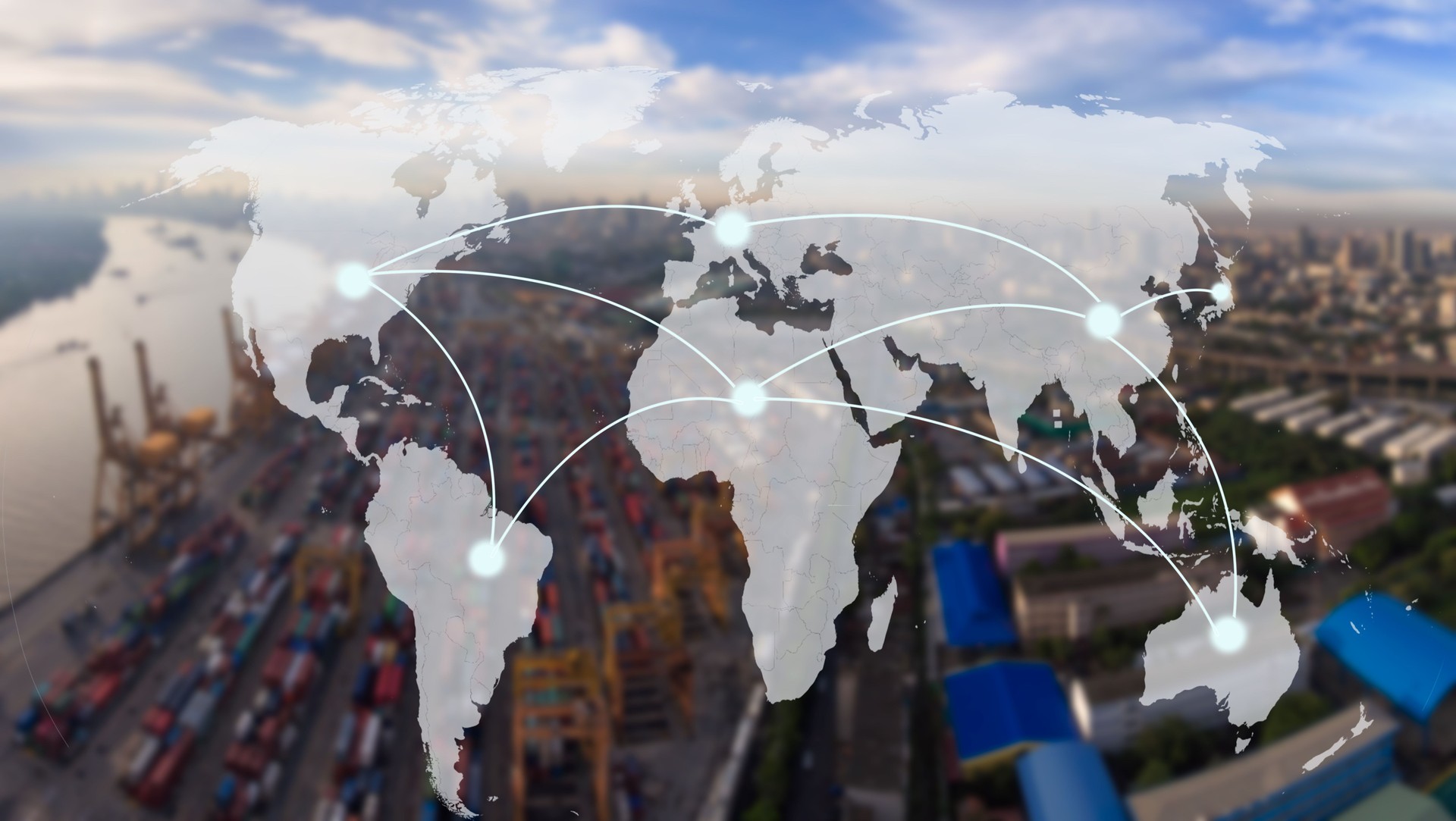 world map with connection line on  Industrial Container Cargo for Logistic Import Export at yard,world transportation concept