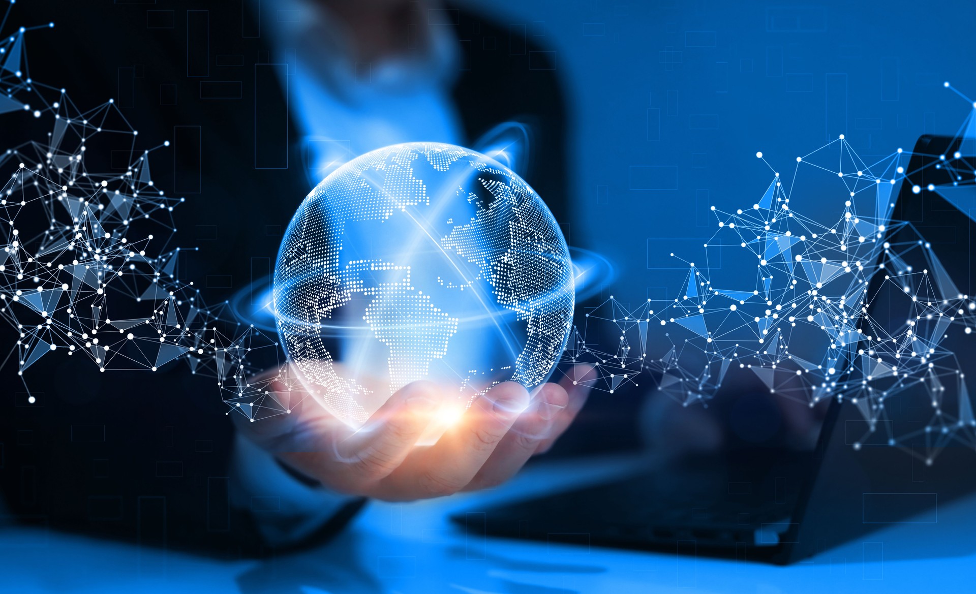 Global networking connection,science, innovation and communication technology.Next generation technology.Hand holding earth globe with data exchanges on connection technology.