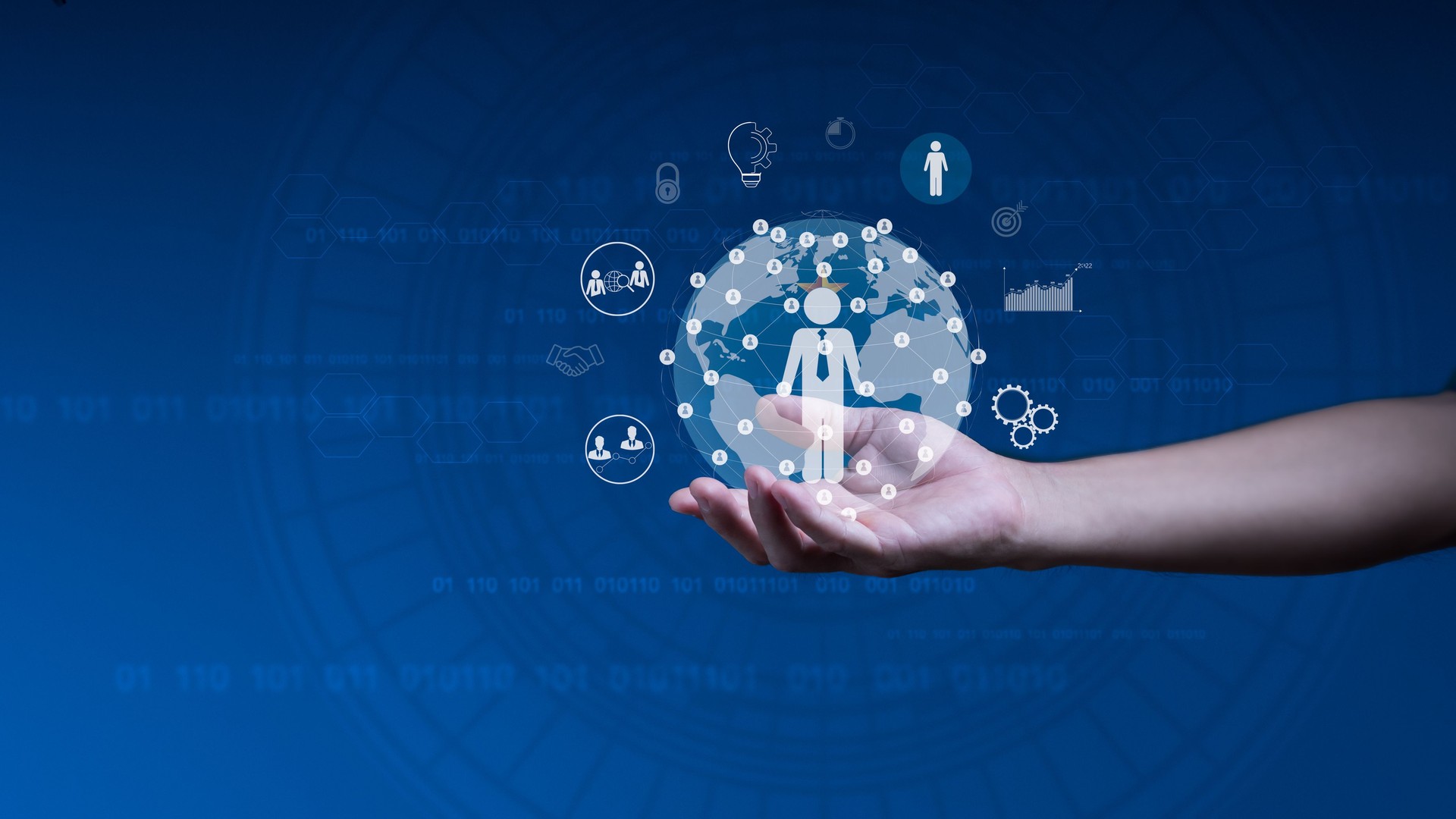Businessman holds a world map circle and network structure HR - Human resources. The concept is Business leadership, Management, and recruitment. Social network. Different people.